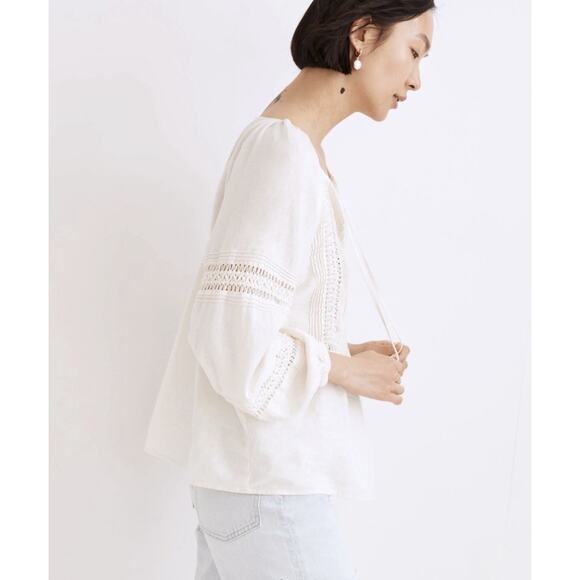 Madewell Peasant Top XS Ivory Linen-Blend Pintuck Boho Bubble Sleeves Babydoll - Picture 2 of 15